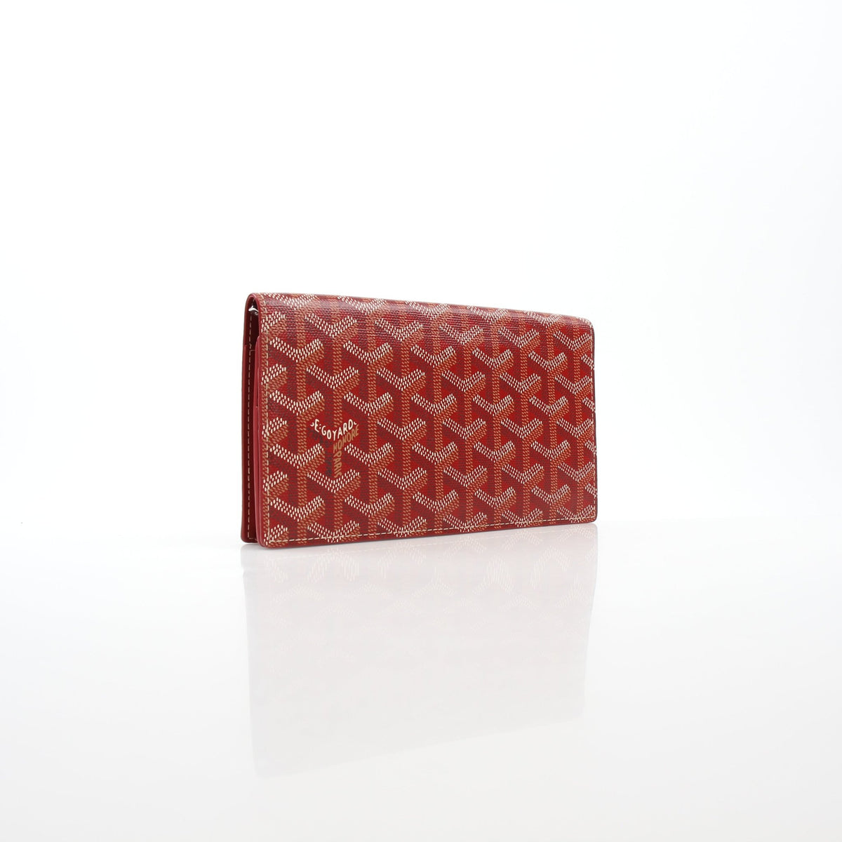 Red Goyard Varenne long flap wallet by Gold & Beyond with detailed Goyard pattern and gold-tone hardware.