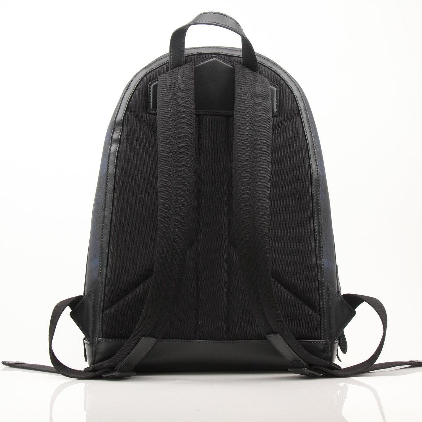 Gold & Beyond Burberry Blue Haymarket Check backpack, stylish travel bag with iconic plaid pattern and adjustable straps.