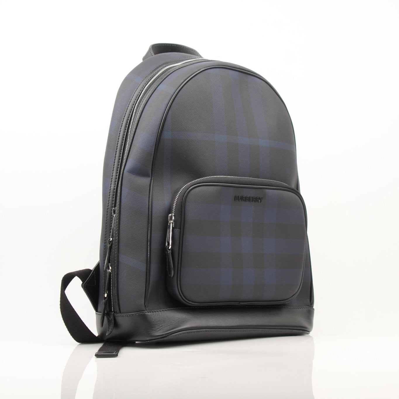 Gold & Beyond Burberry Blue Haymarket Check backpack, stylish travel bag with signature check pattern, front zipper pocket, and adjustable straps.
