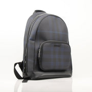 Gold & Beyond Burberry Blue Haymarket Check backpack, stylish travel bag with signature check pattern, front zipper pocket, and adjustable straps.