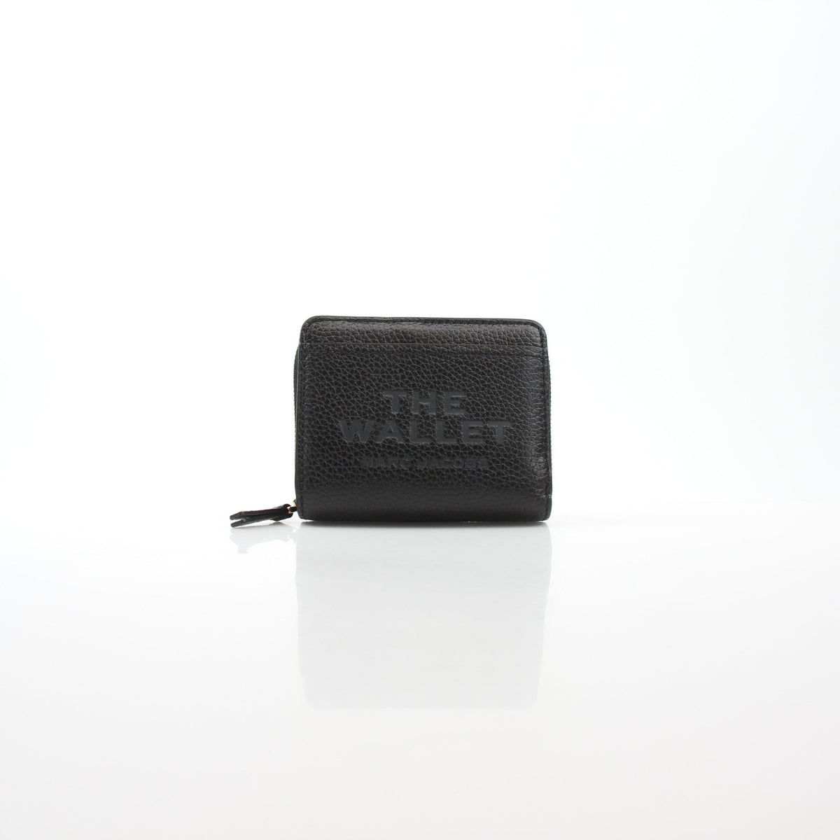 Black leather mini compact wallet from Marc Jacobs featuring a sleek, stylish design with gold accents.