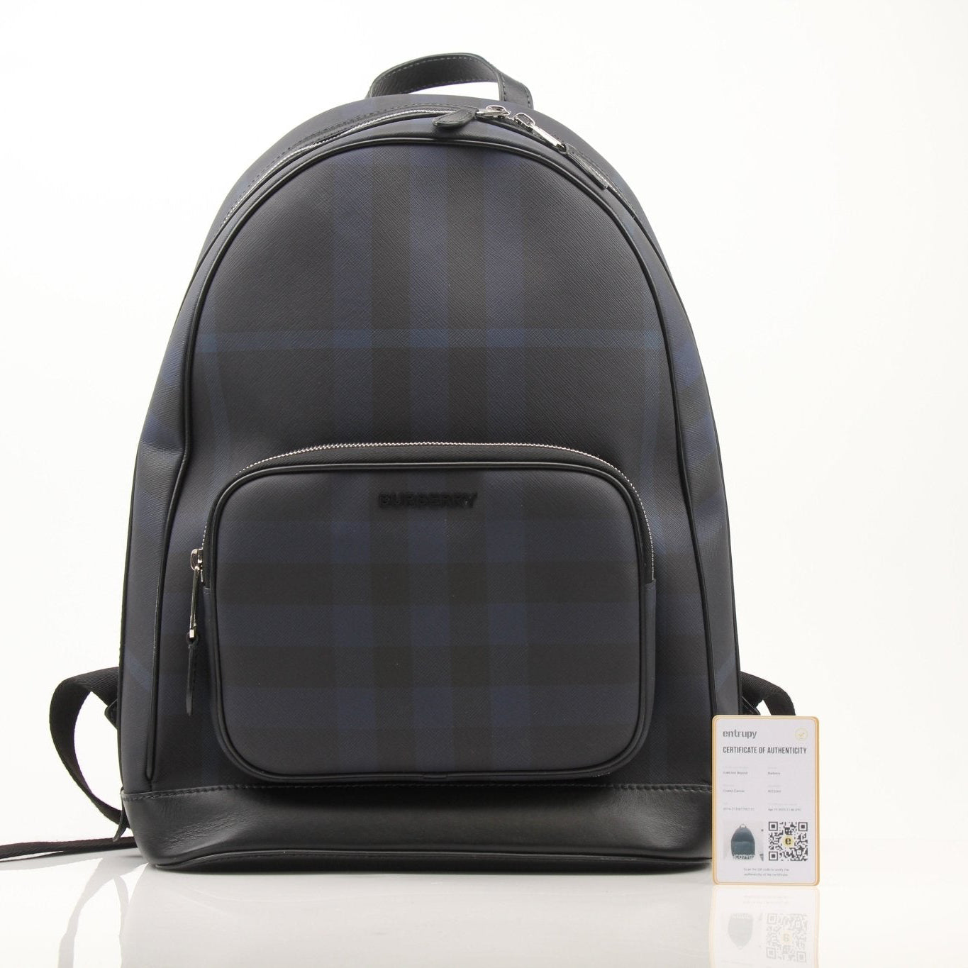 Gold & Beyond Burberry Blue Haymarket Check backpack, a stylish travel bag with iconic check pattern and durable design.
