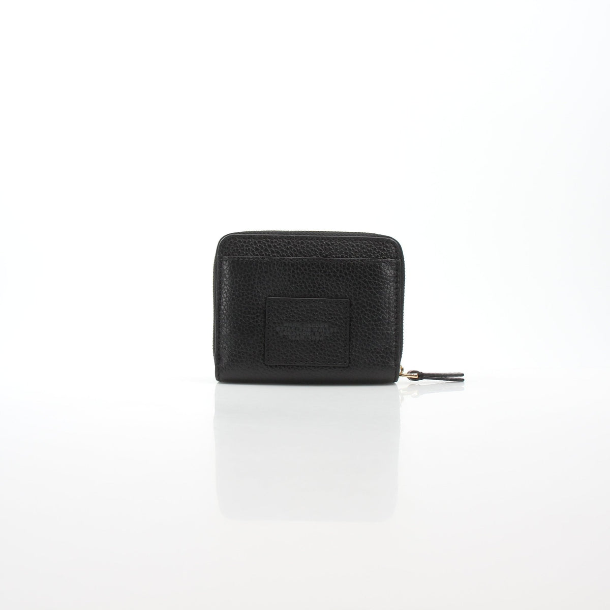 Black Marc Jacobs The Leather Mini Compact Wallet with gold-tone accents, compact leather wallet for cards and cash.