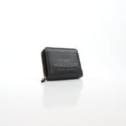 Black Marc Jacobs leather mini compact wallet with gold accents, featuring multiple card slots and a sleek, minimalist design.
