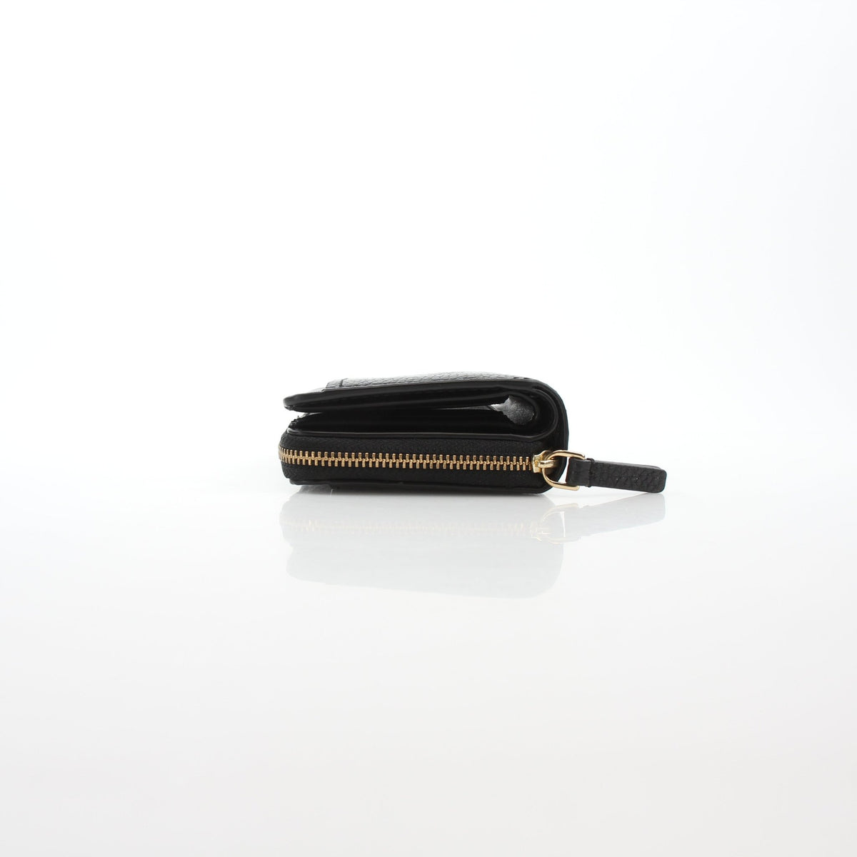 Black Marc Jacobs The Leather Mini Compact Wallet with gold-toned hardware, showcasing its sleek, compact design and premium leather finish.