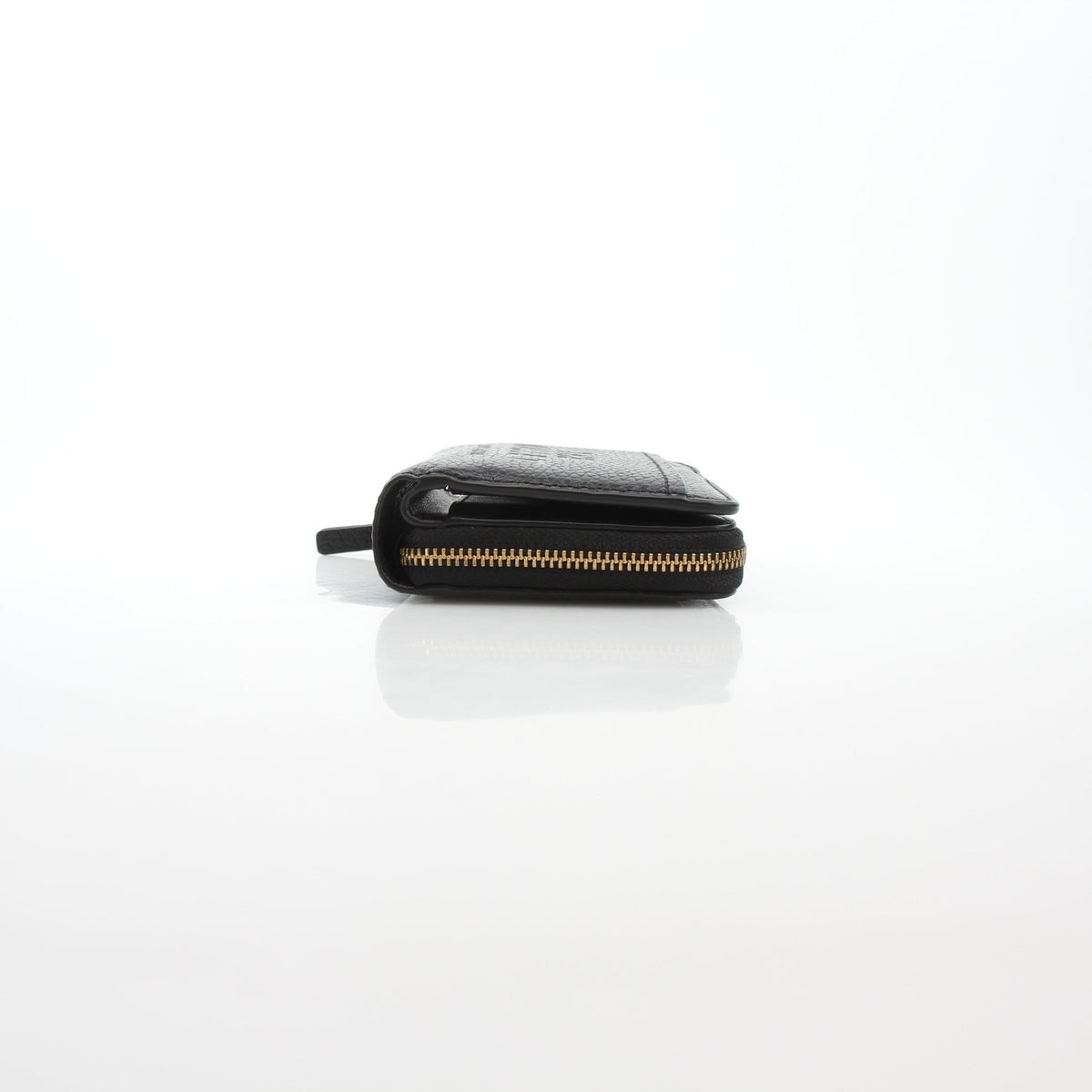 Black Marc Jacobs leather mini compact wallet with gold accents, featuring multiple card slots and a sleek, compact design.