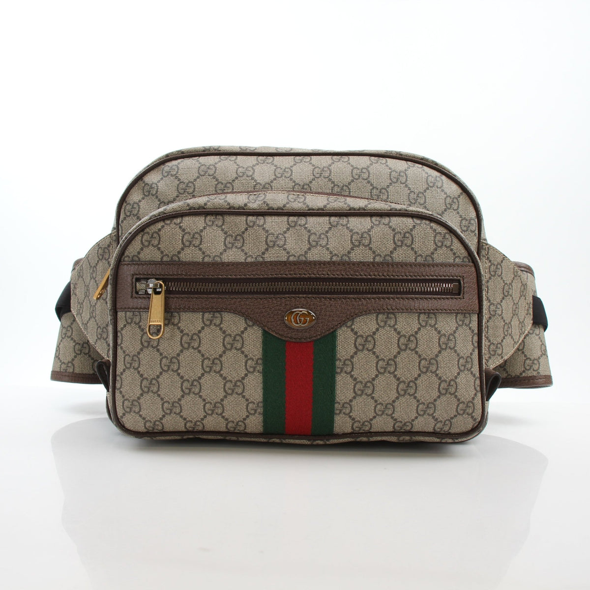 Gucci Ophidia GG Supreme medium belt bag in beige and ebony with adjustable strap and gold-tone hardware.