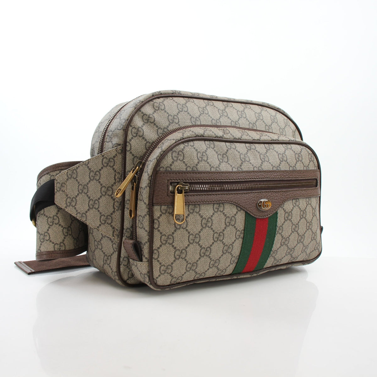 Gucci Ophidia GG Supreme medium beige and ebony belt bag with gold hardware and adjustable strap, stylish handbag accessory