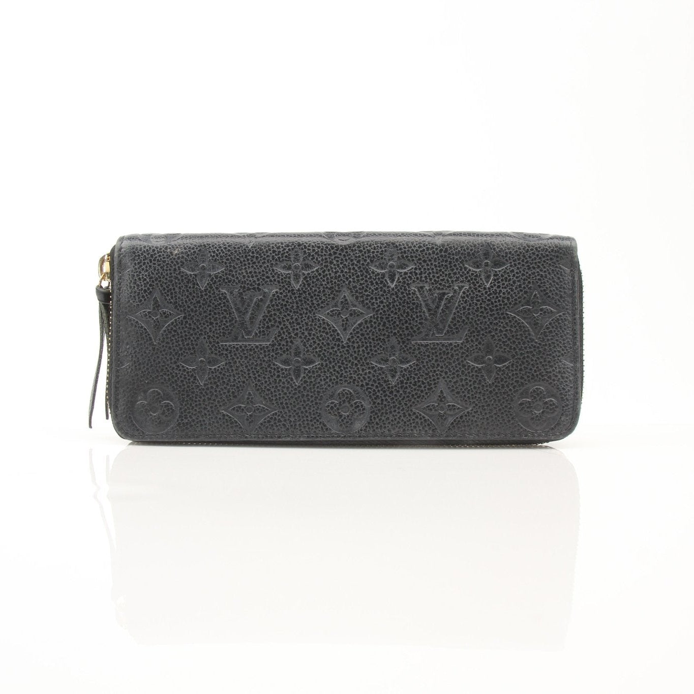 Louis Vuitton Clemence Empreinte wallet by Gold & Beyond, featuring embossed leather and gold accents, displayed open with card slots visible.