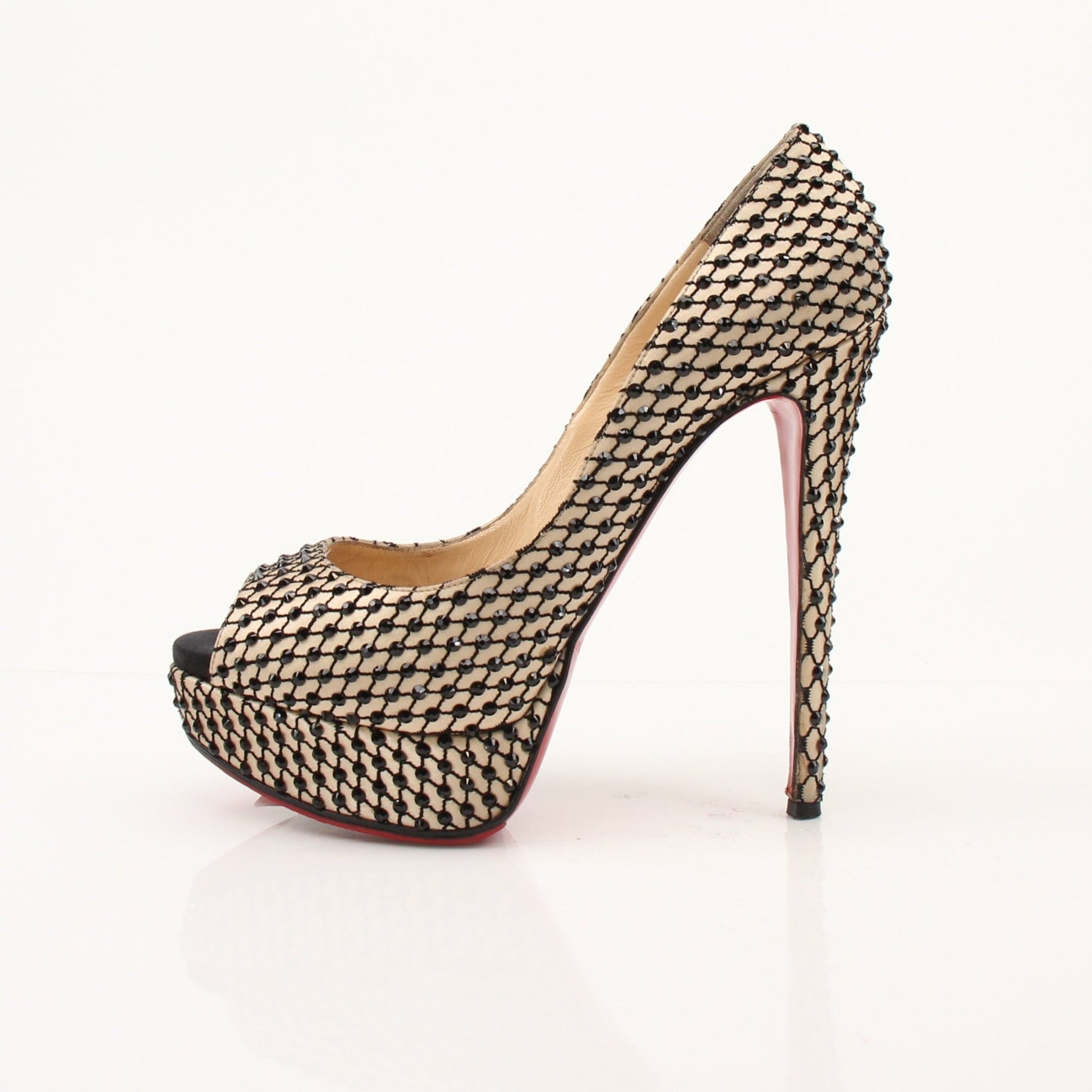 Gold & Beyond Christian Louboutin Lady Peep Pumps heels with signature red soles and elegant design, shown from a front angle.