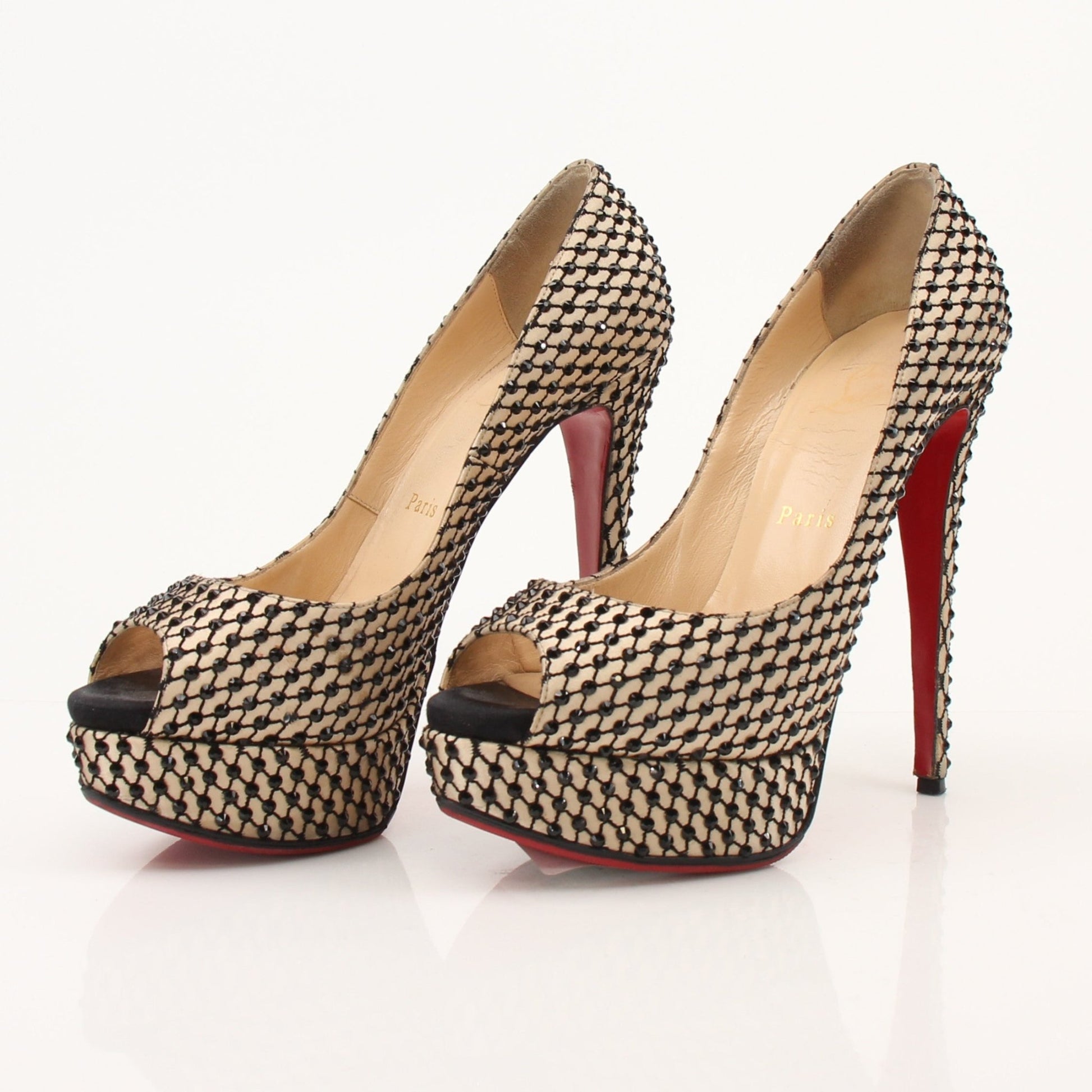 Gold & Beyond Christian Louboutin Lady Peep Pumps heels with signature red soles and elegant design, showcased on a white background.