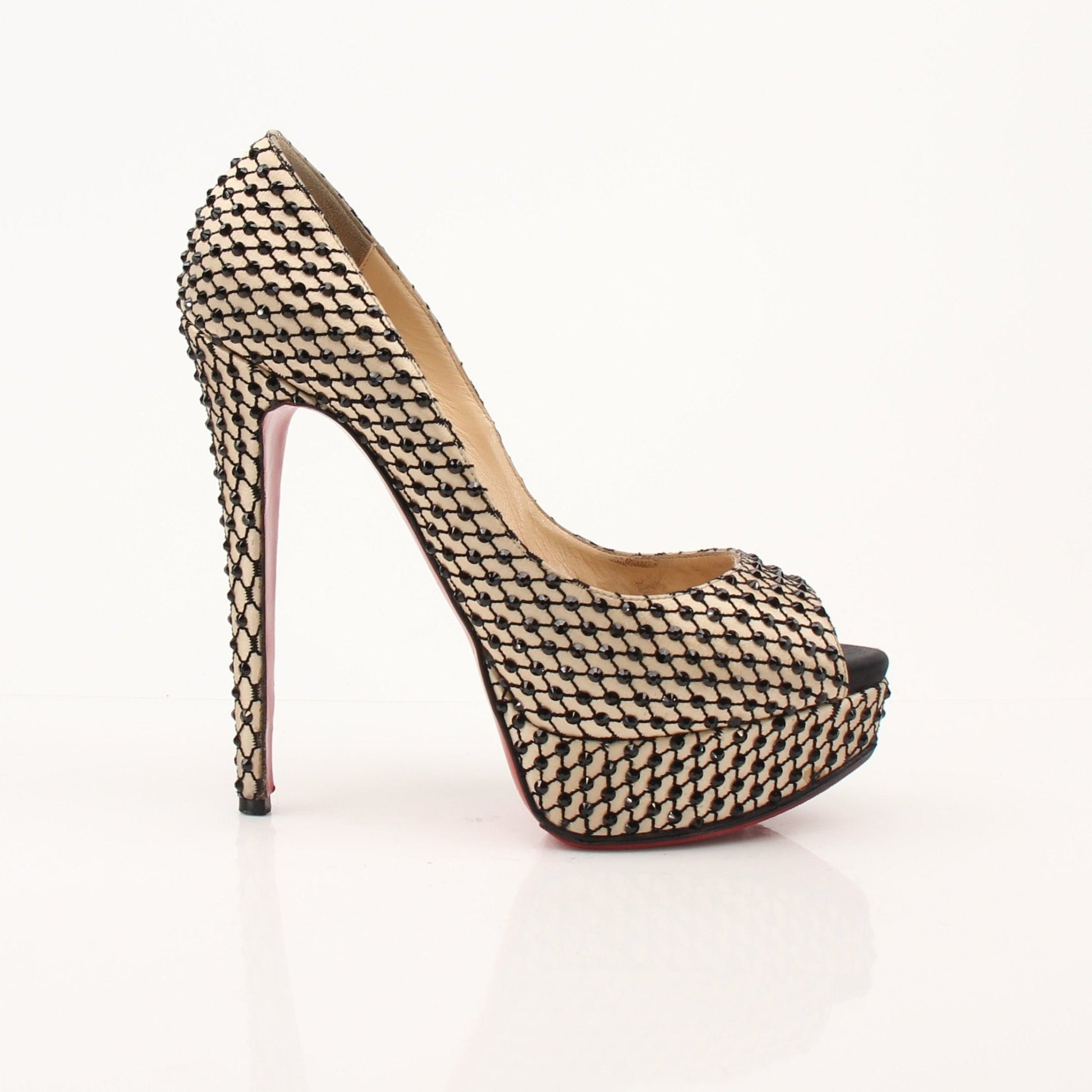 Gold & Beyond Christian Louboutin Lady Peep Pumps heels with signature red soles and elegant design, shown on a white background.