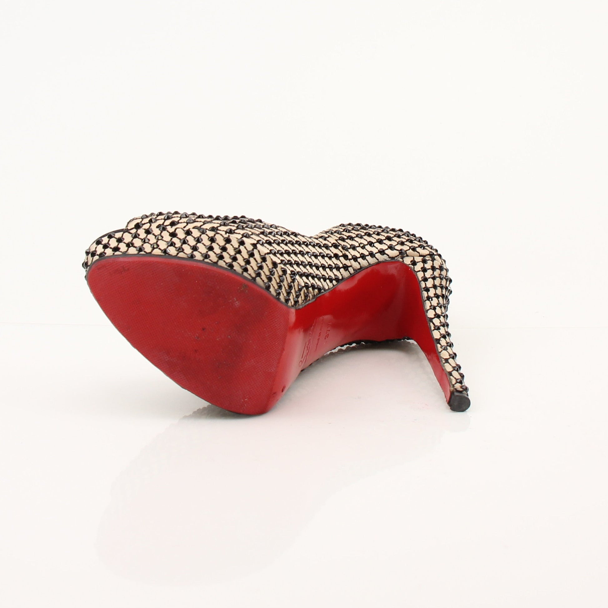Gold & Beyond Christian Louboutin Lady Peep Pumps heels with red soles and elegant design, showcasing luxury footwear style.