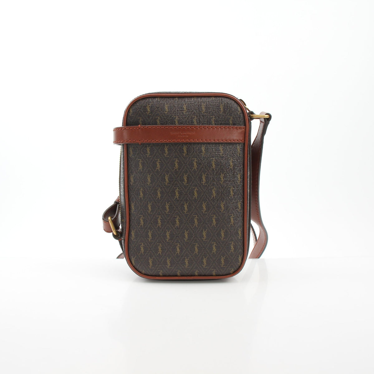 Brown Saint Laurent Le Monogramme Crossbody Pouch handbag with gold hardware and adjustable strap, showing front view.