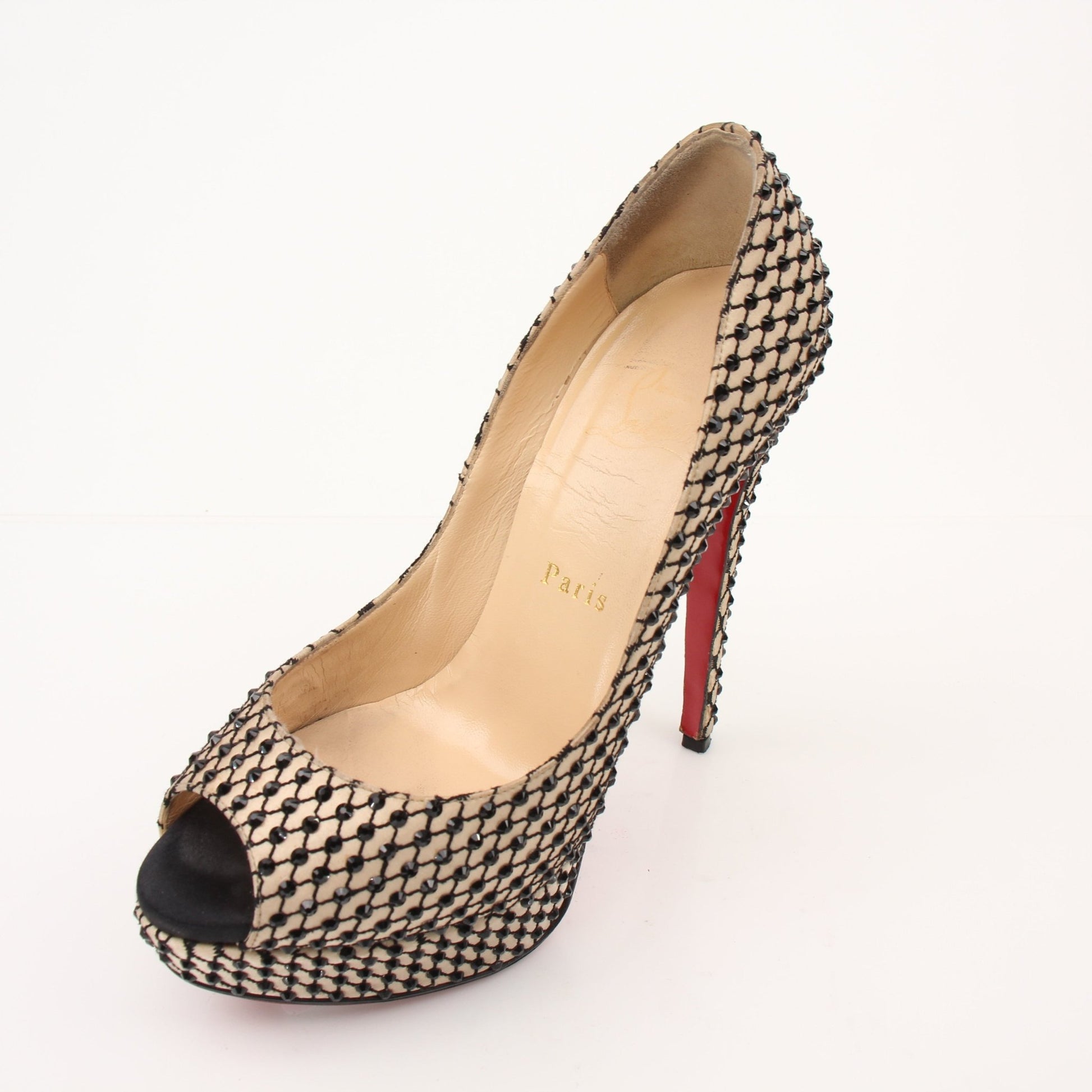 Christian Louboutin Lady Peep Pumps heels with signature red soles and black patent finish, stylish and elegant footwear.