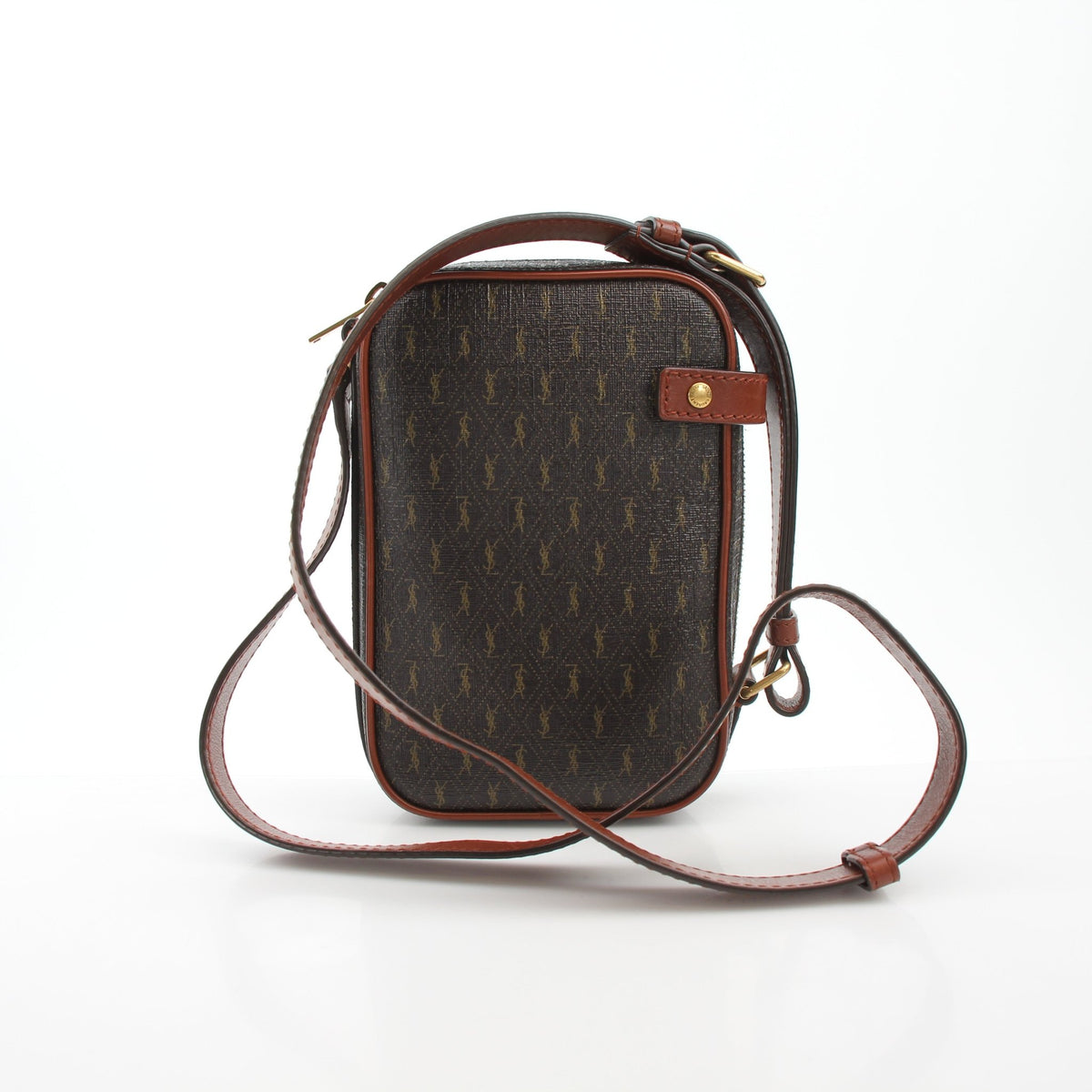 Brown Saint Laurent Le Monogramme crossbody pouch handbag with gold accents, featuring the iconic monogram design.