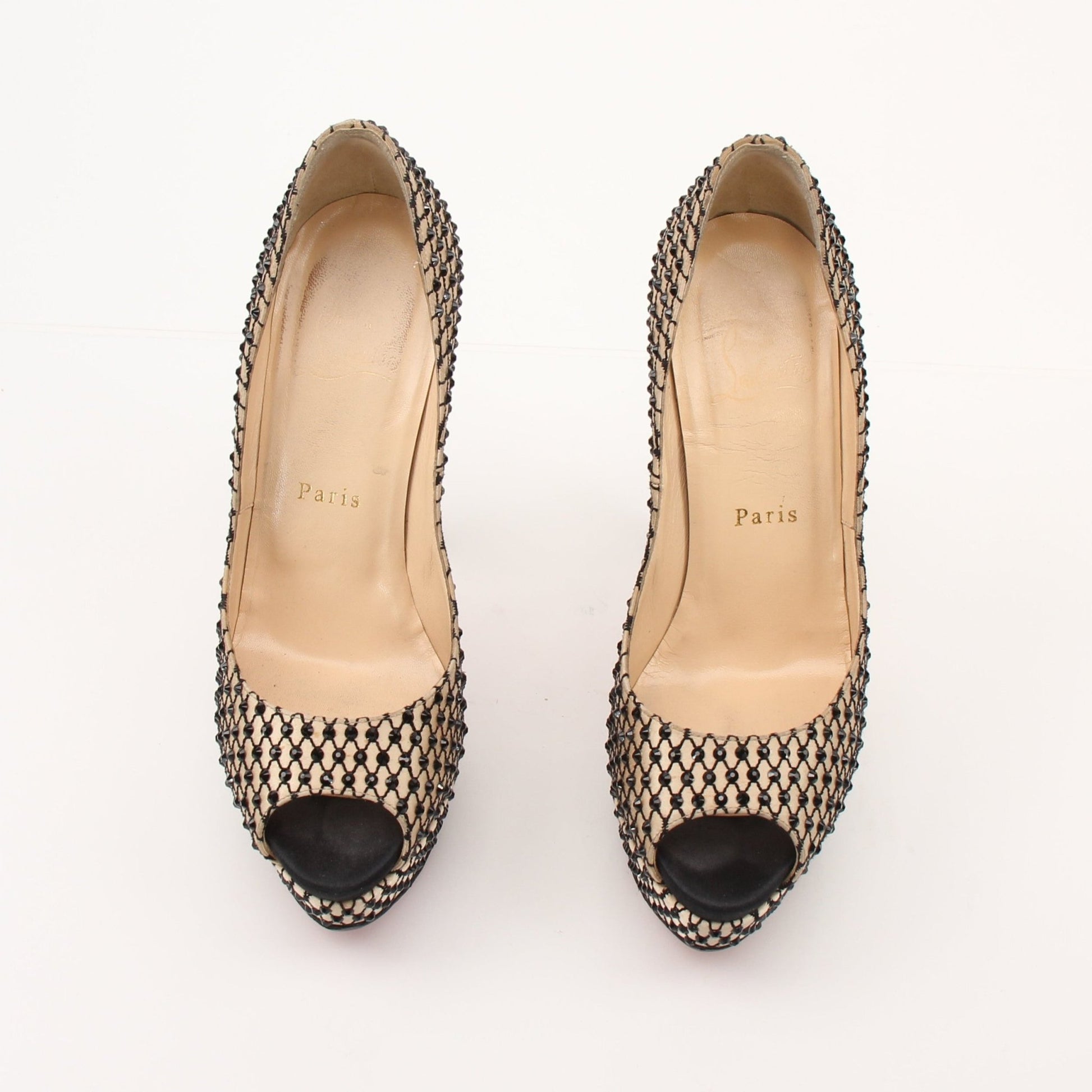 Gold & Beyond Christian Louboutin Lady Peep Pumps heels with signature red soles and elegant design, photographed from the front.