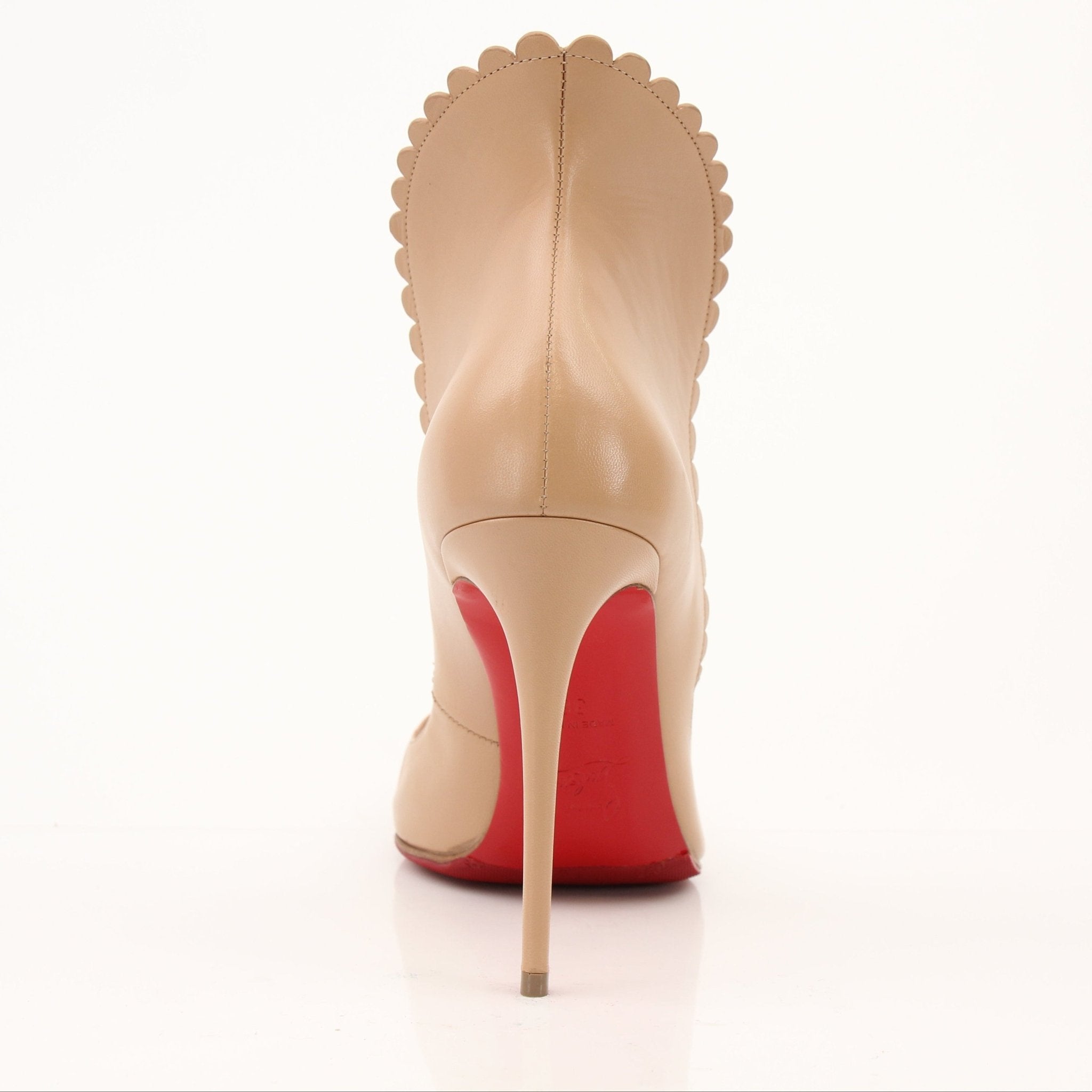 Gold & Beyond Christian Louboutin Pijonina 120 heels with red sole and elegant design, shown on a neutral background.