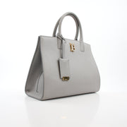Burberry Mini Frances tote bag in light gray grainy leather, compact handbag with structured design