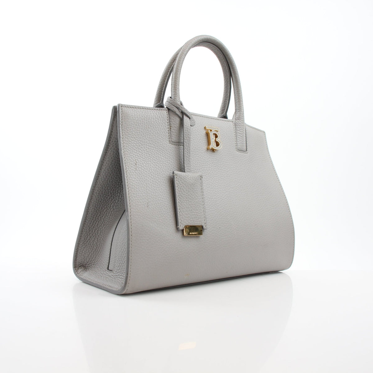 Burberry Mini Frances tote bag in light gray grainy leather, compact handbag with structured design
