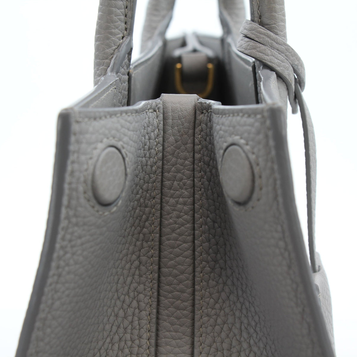 Burberry Mini Frances tote bag in light gray grainy leather, structured handbag with top handles