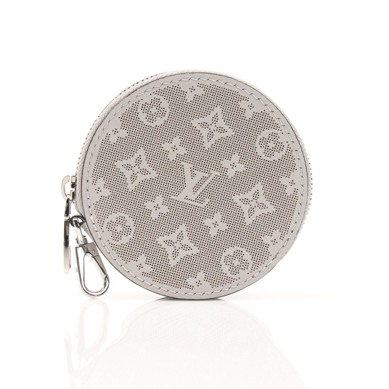 Gray Louis Vuitton round bag charm accessory with gold accents, designed for stylish handbags.