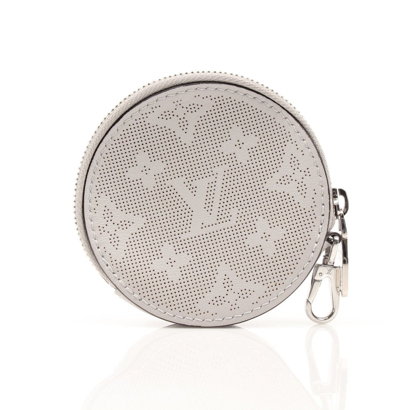 Gray Louis Vuitton round bag charm with gold accents, accessory designed for stylish handbags.