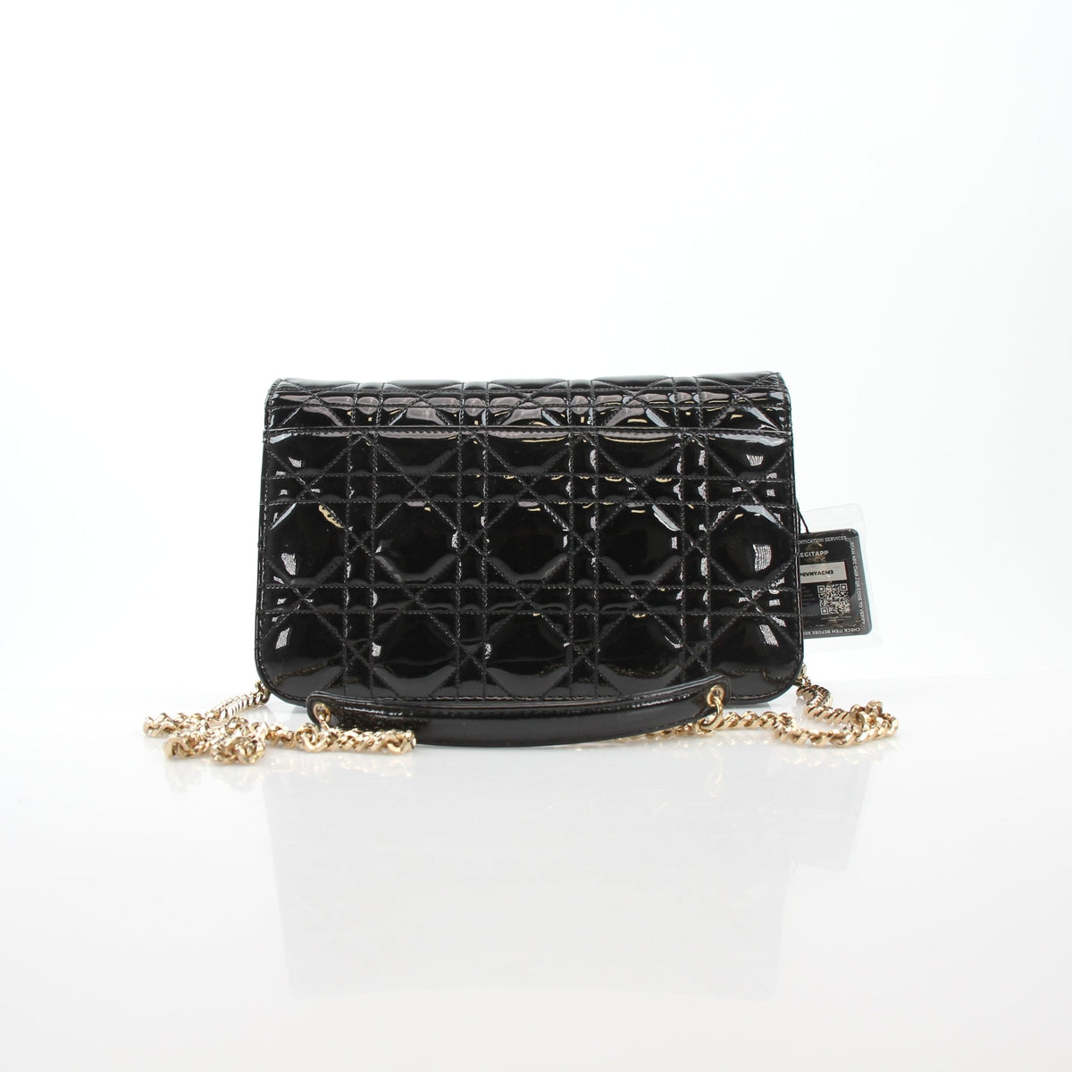 Christian Dior Miss Dior Promenade pouch in black patent Cannage leather, handbag view