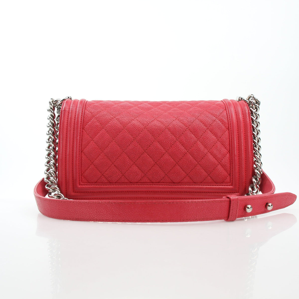 Red Chanel Boy Bag in quilted caviar leather with chain strap, by Gold & Beyond