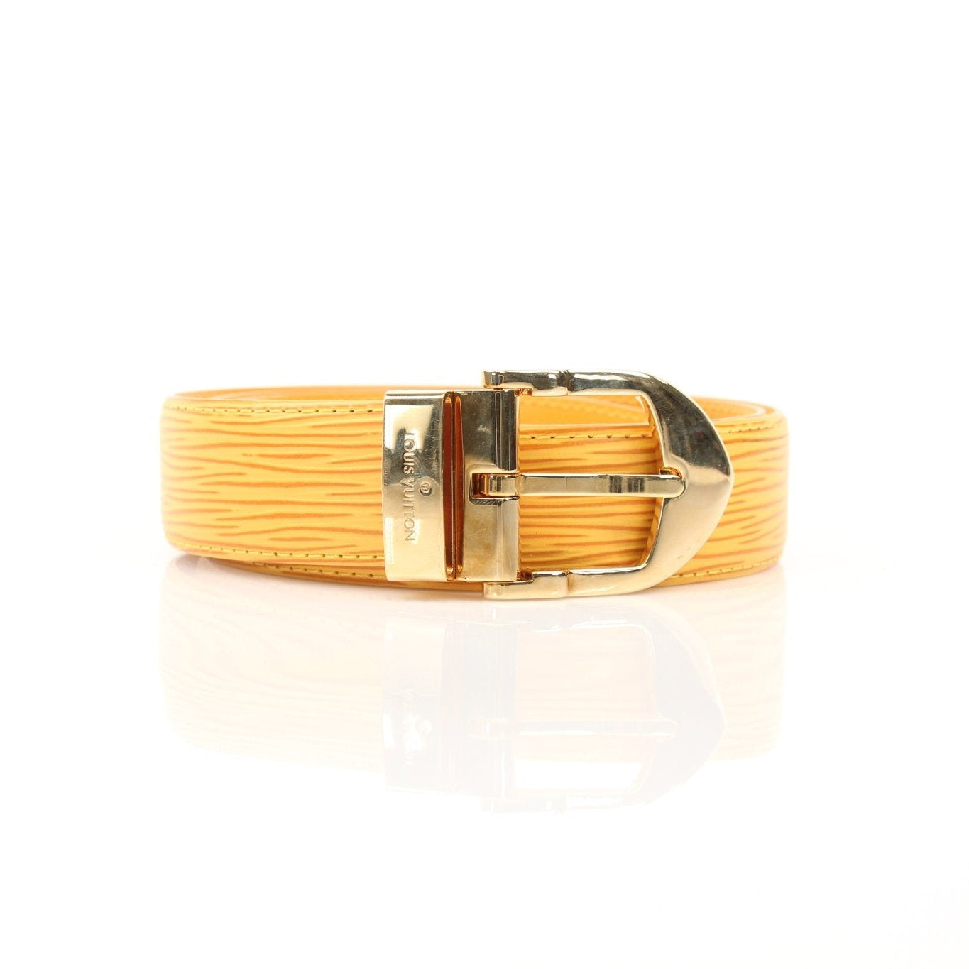Louis Vuitton yellow belt from Gold & Beyond, showcasing the stylish accessory with a sleek design and vibrant color.