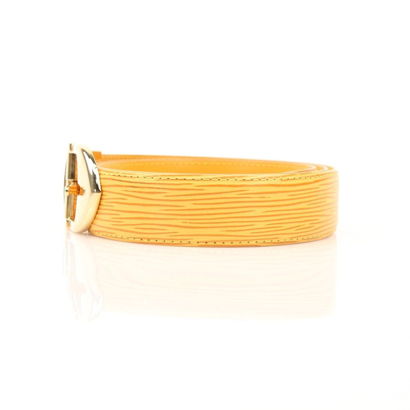 Louis Vuitton yellow belt from Gold & Beyond, showing the sleek accessory with signature branding and vibrant color.