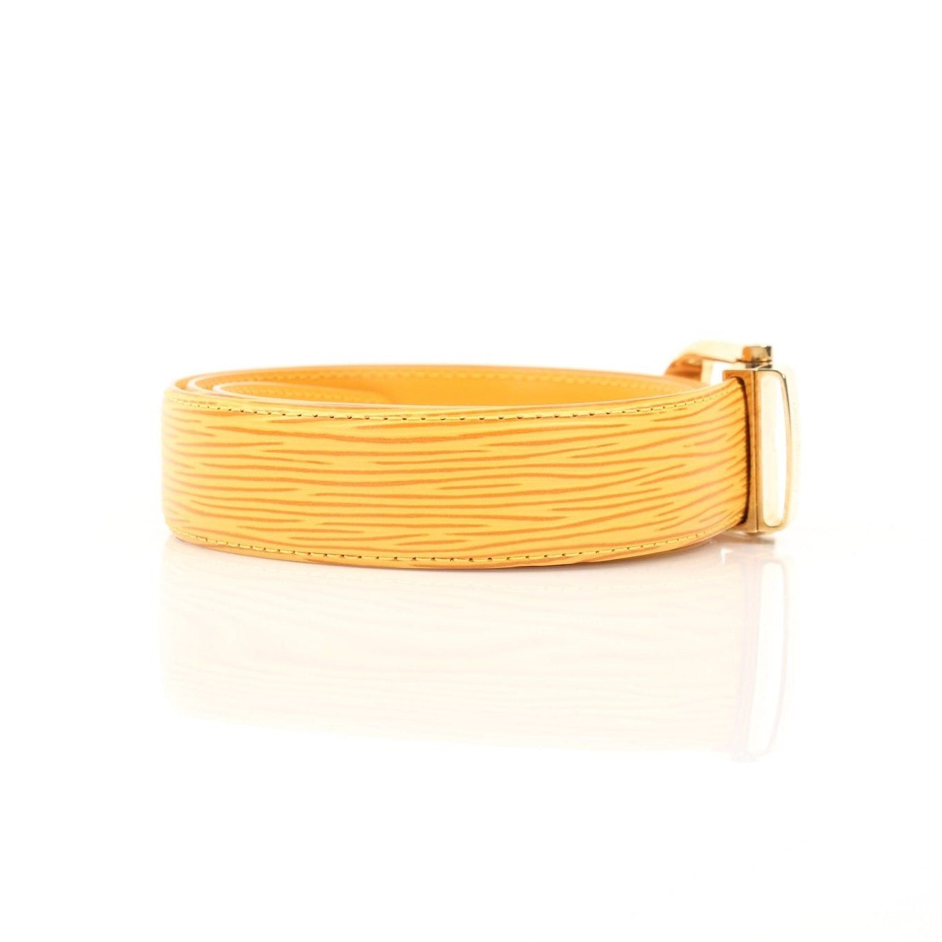Louis Vuitton yellow belt from Gold & Beyond, stylish accessories with a sleek design and bright color, shown on a plain background.