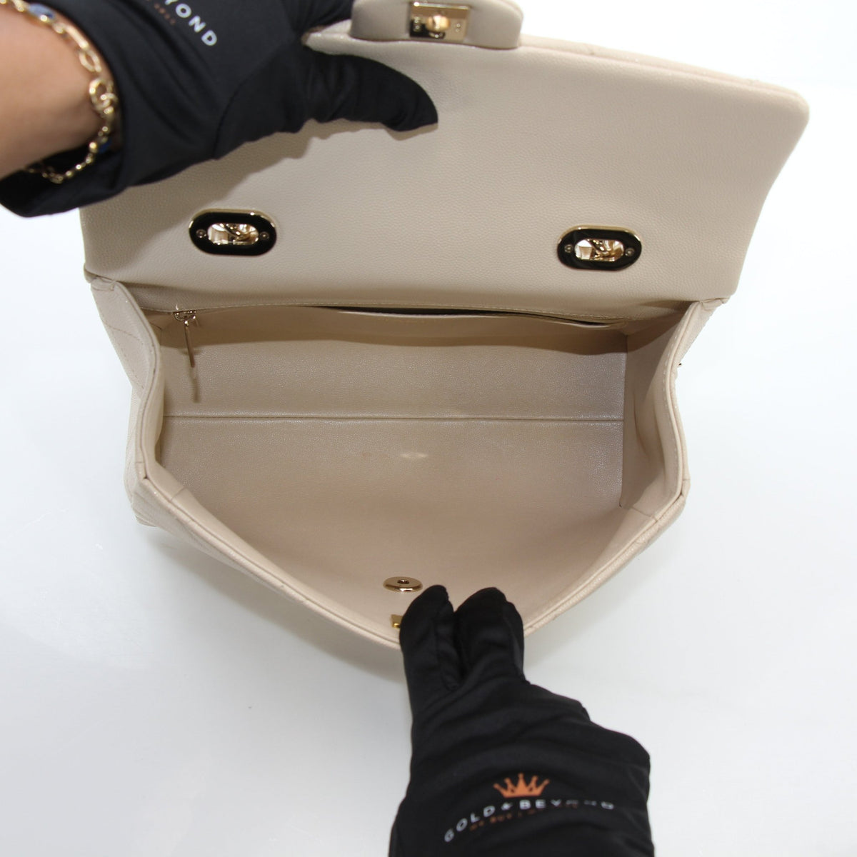Gold & Beyond Chanel Mini Flap Bag with Top Handle in retro twist beige, structured handbag view