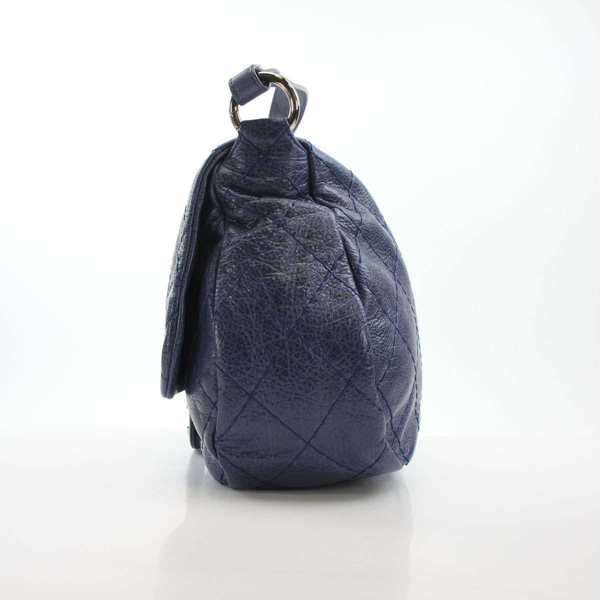 Chanel Blue Glazed Calfskin XL On The Road Flap Bag handbag with structured silhouette and chain strap
