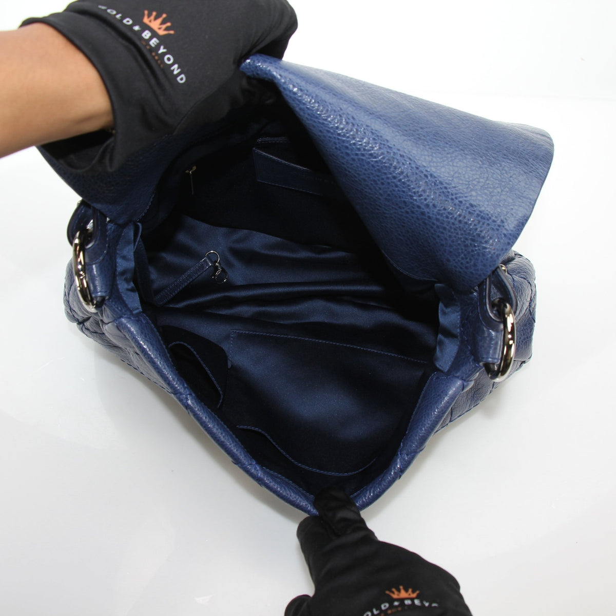 Blue glazed calfskin XL On The Road flap bag with quilted finish and chain strap
