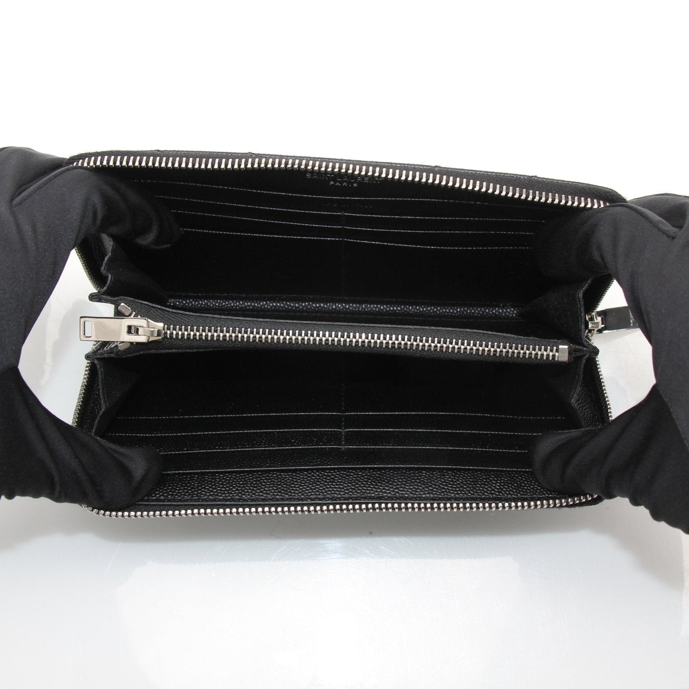 Gold & Beyond Saint Laurent Matelassé Chevron Zip-Around Wallet with gold-tone zipper and quilted leather design.