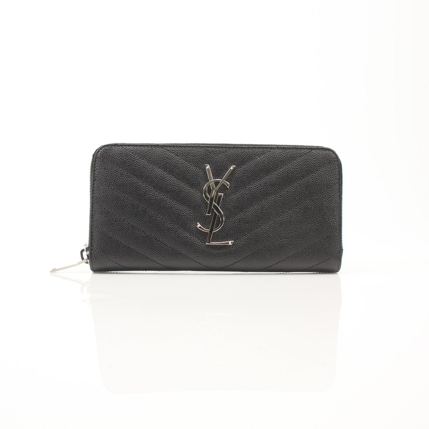 Gold & Beyond Saint Laurent Matelassé Chevron zip-around wallet with gold-tone hardware, featuring quilted leather and multiple card slots.