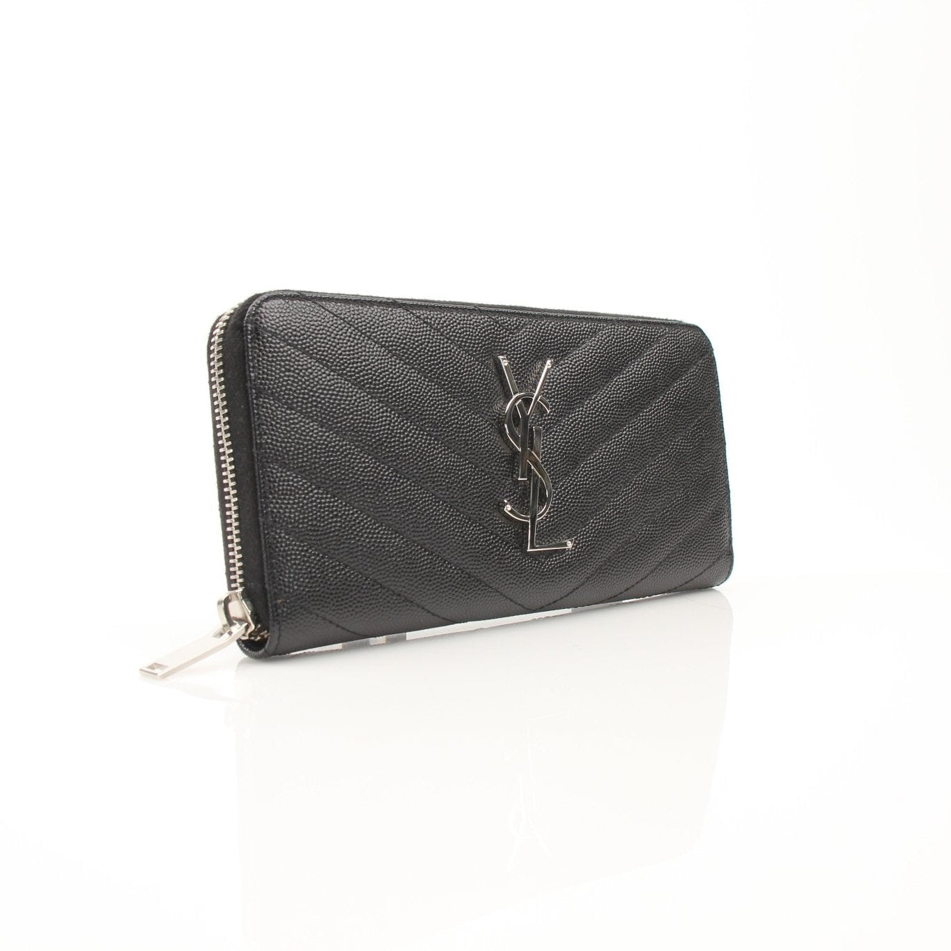 Gold & Beyond Saint Laurent Matelassé Chevron zip-around wallet with gold-tone hardware and embossed logo detail.