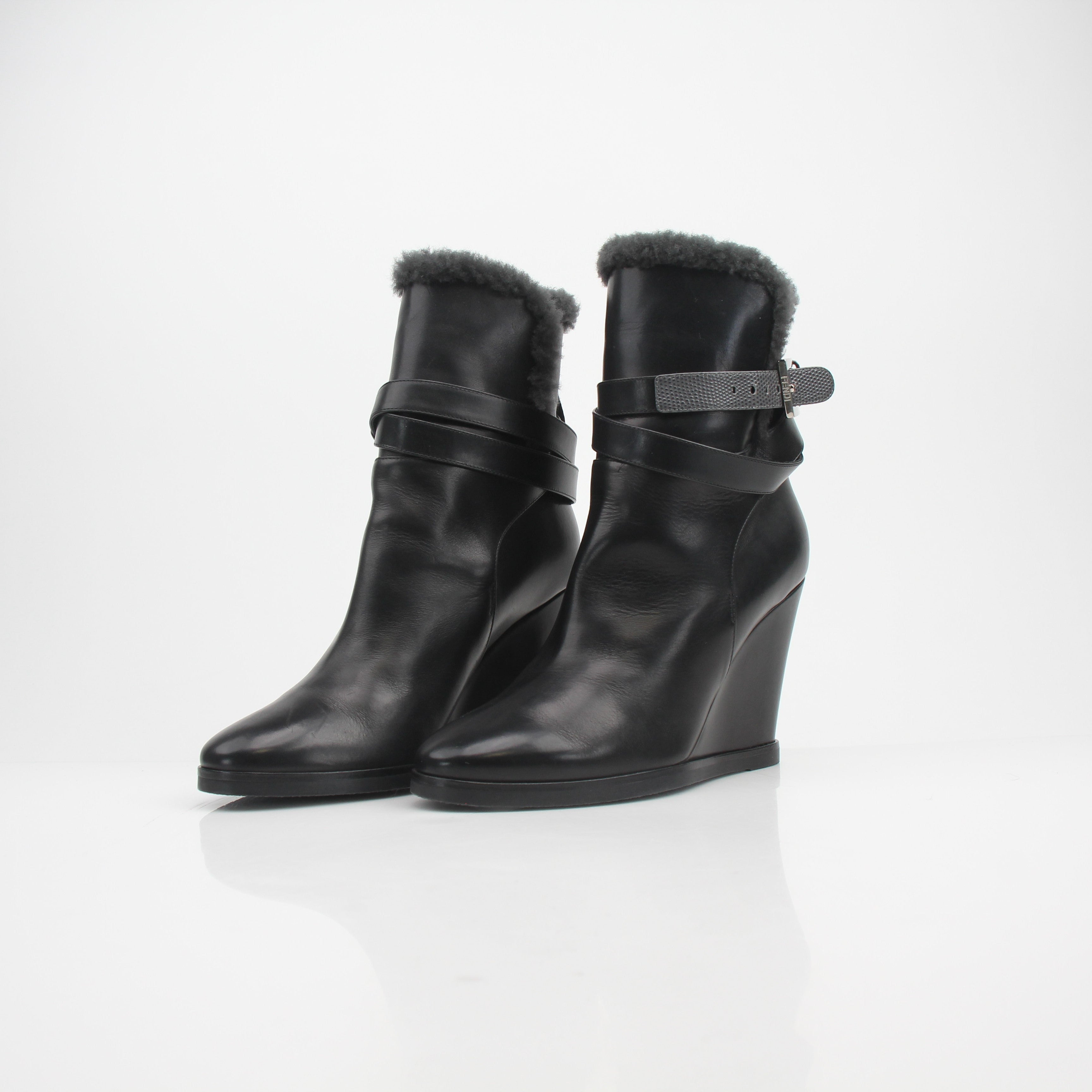 Fendi Shearling Ankle Wedge Boots