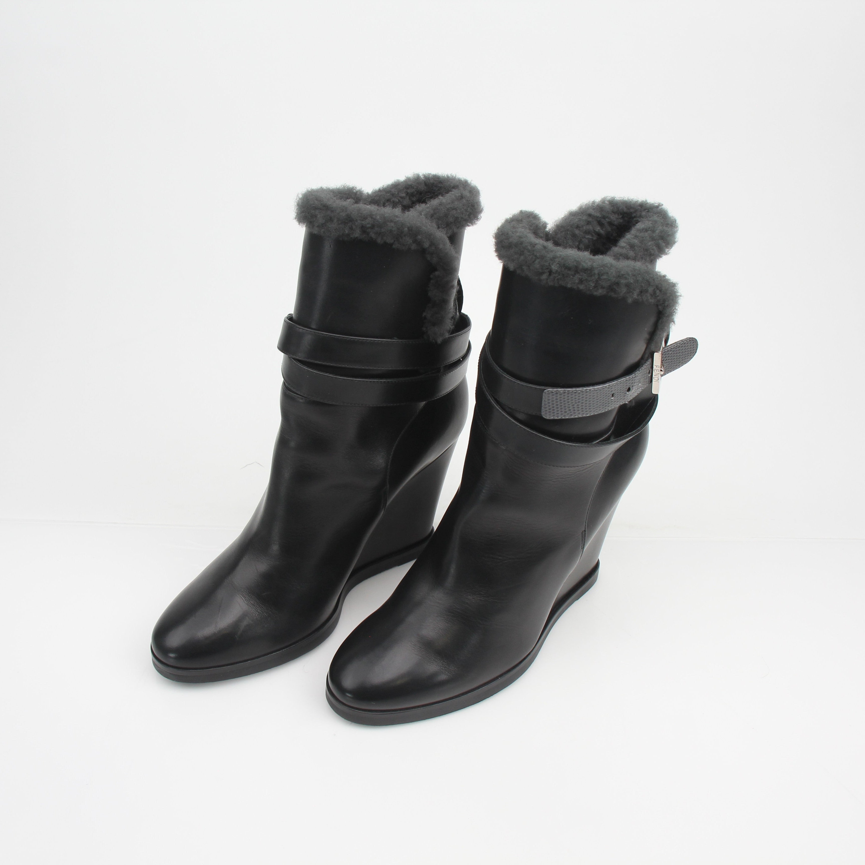 Fendi Shearling Ankle Wedge Boots
