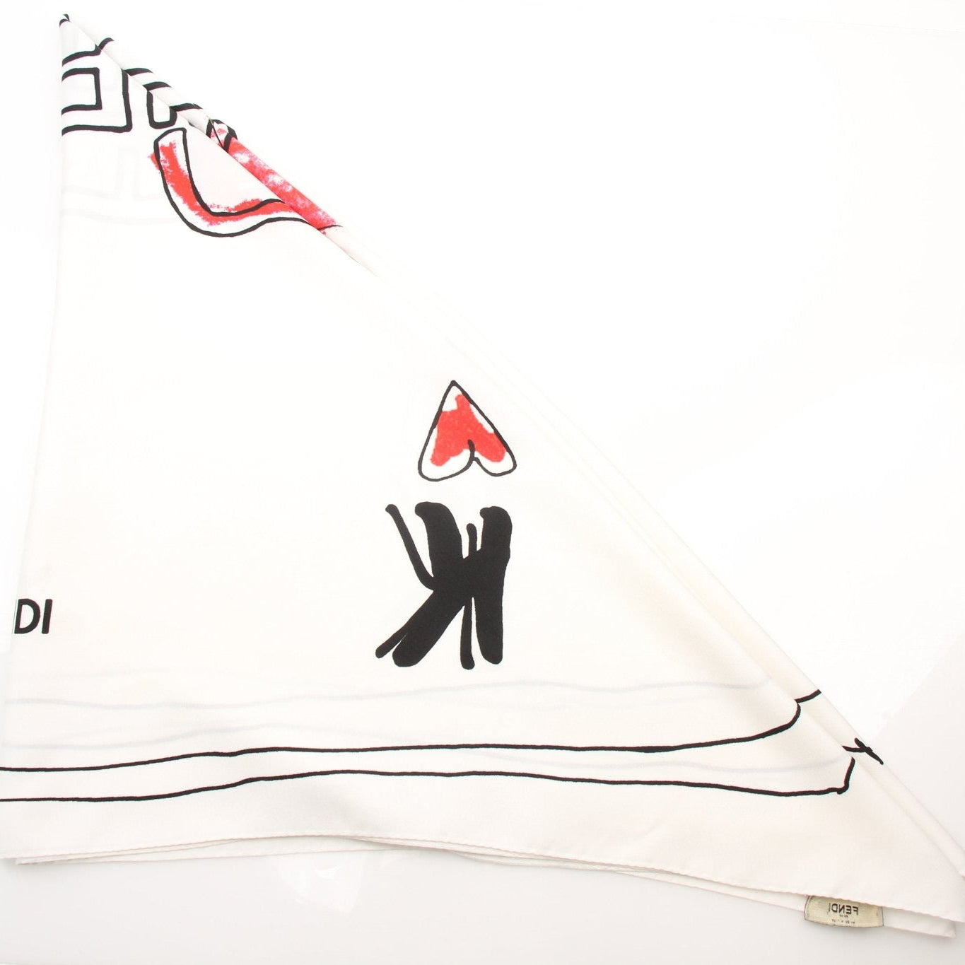White silk Fendi “King Demon” scarf from Gold & Beyond, featuring intricate demon graphics and luxurious accessory design.