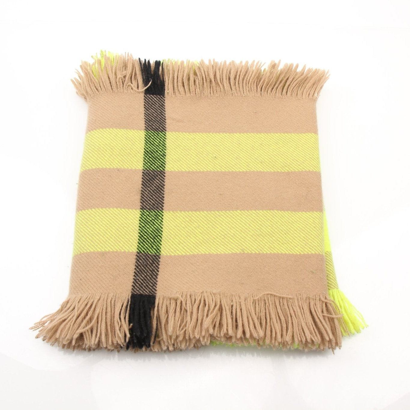 Gold & Beyond Burberry London Check Fringe Scarf showing the classic check pattern and fringed edges, styled as a fashionable accessory.