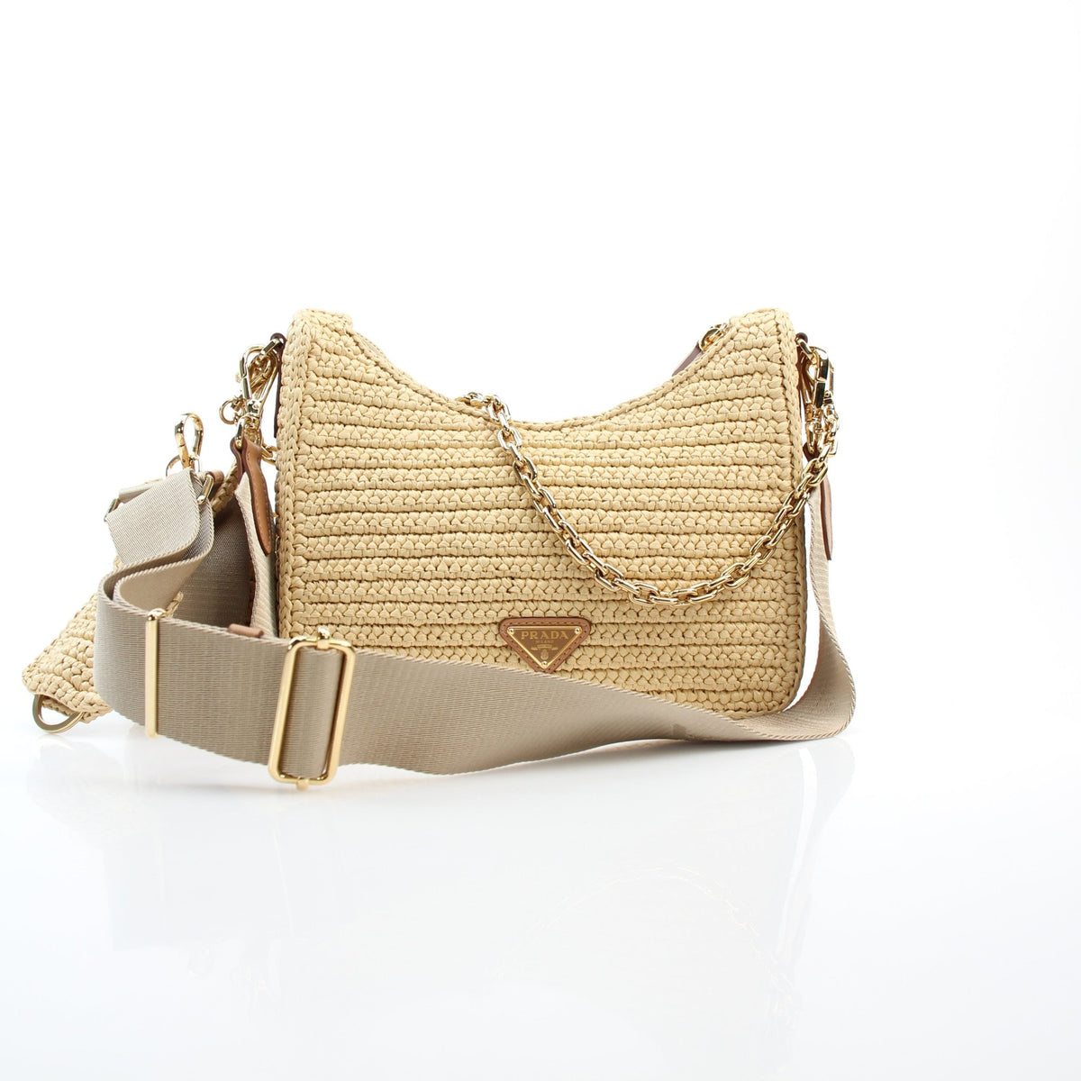 Prada Natural Raffia Crochet Re-Edition 2005 shoulder bag with woven texture and leather details