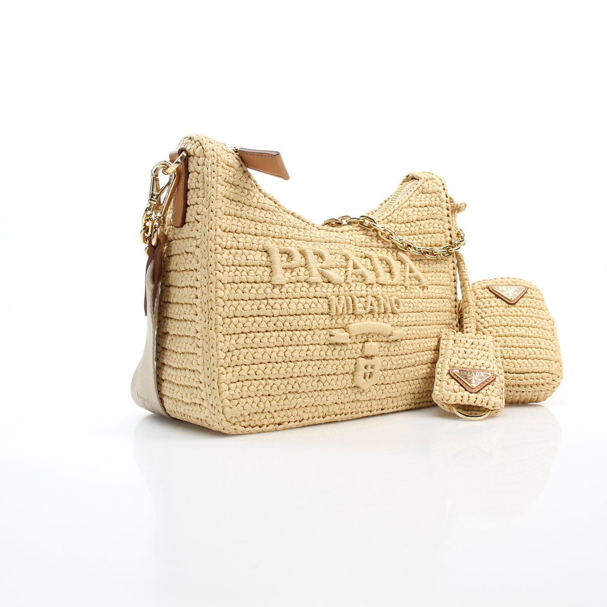 Prada Natural Raffia Crochet Re-Edition 2005 shoulder handbag with woven texture and leather shoulder strap