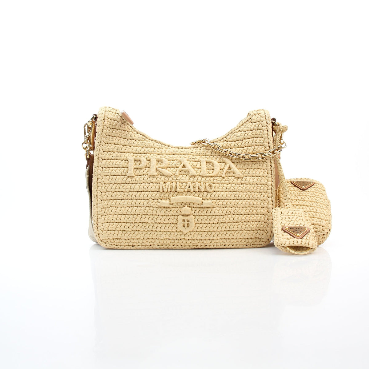 Prada Natural Raffia Crochet Re-Edition 2005 shoulder bag, Gold & Beyond handbag with woven raffia texture
