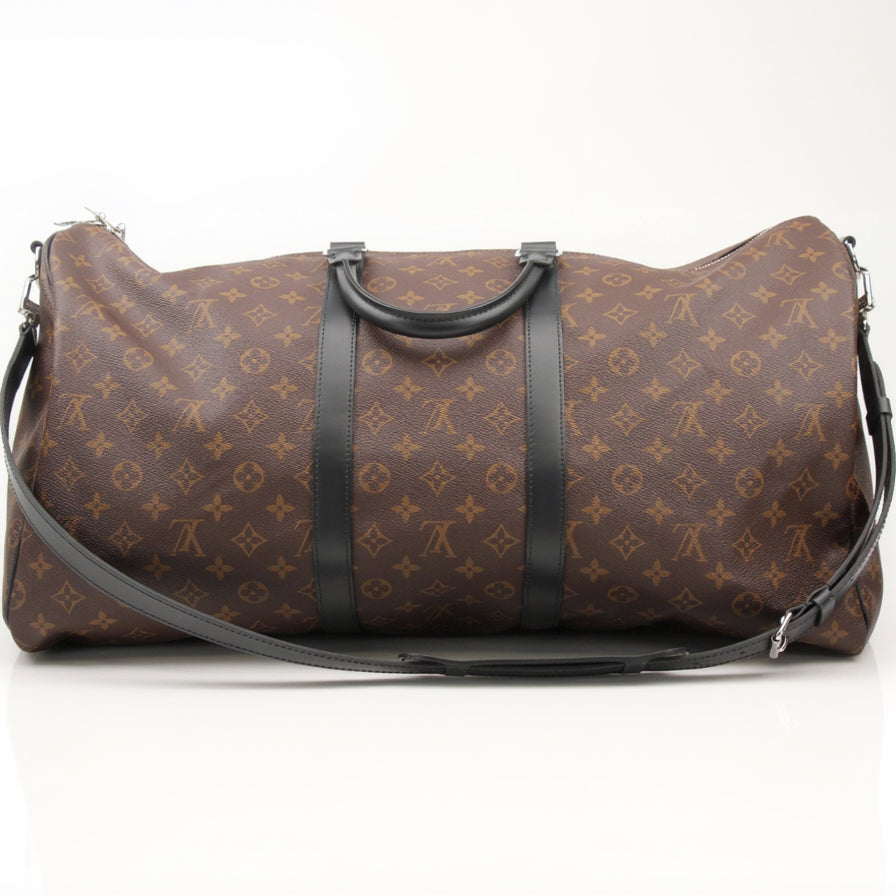 Gold & Beyond Louis Vuitton Keepall Bandoulière 55 travel bag in brown leather with tan handles and gold hardware.