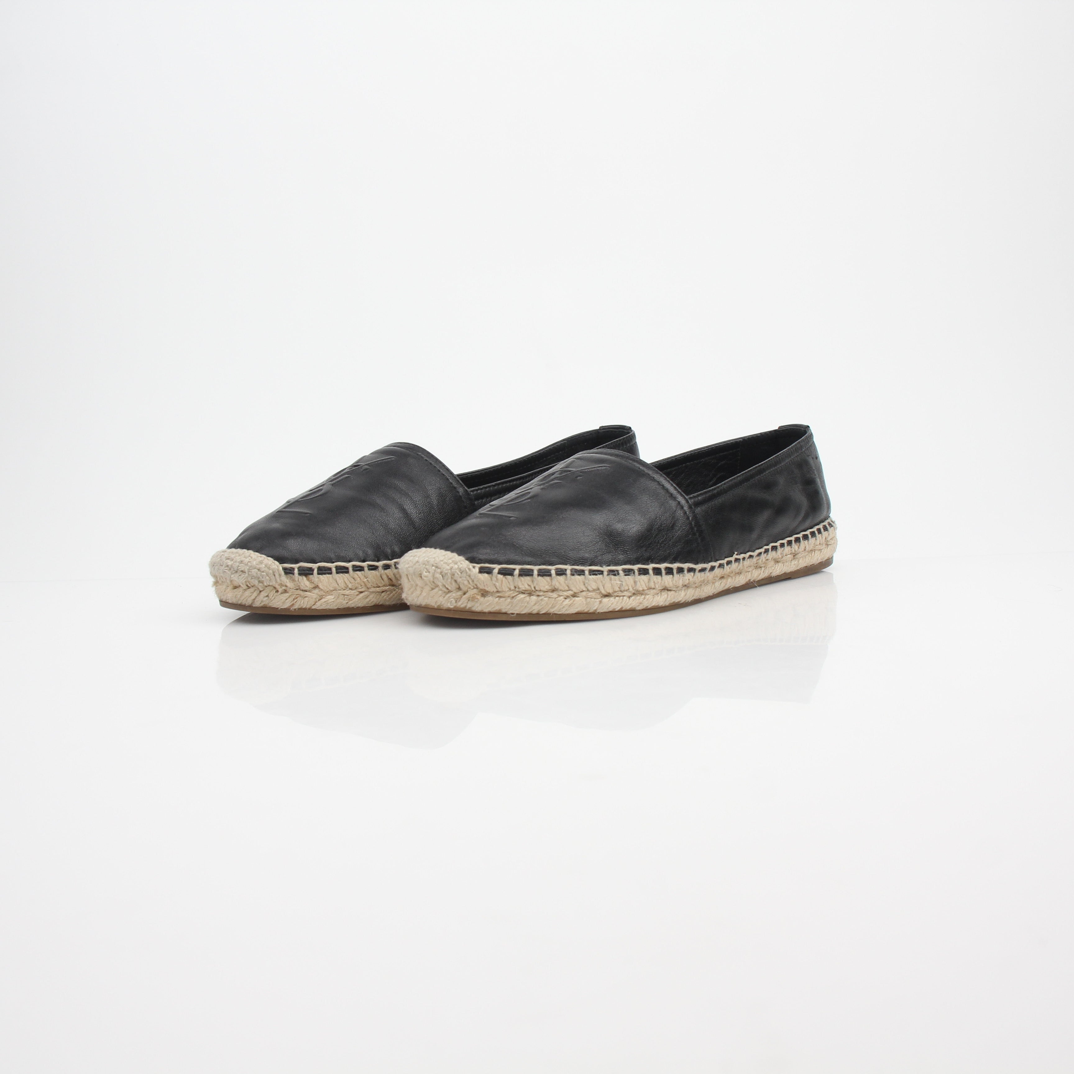 Saint Laurent YSL Logo Embossed Lambskin Espadrille Flats