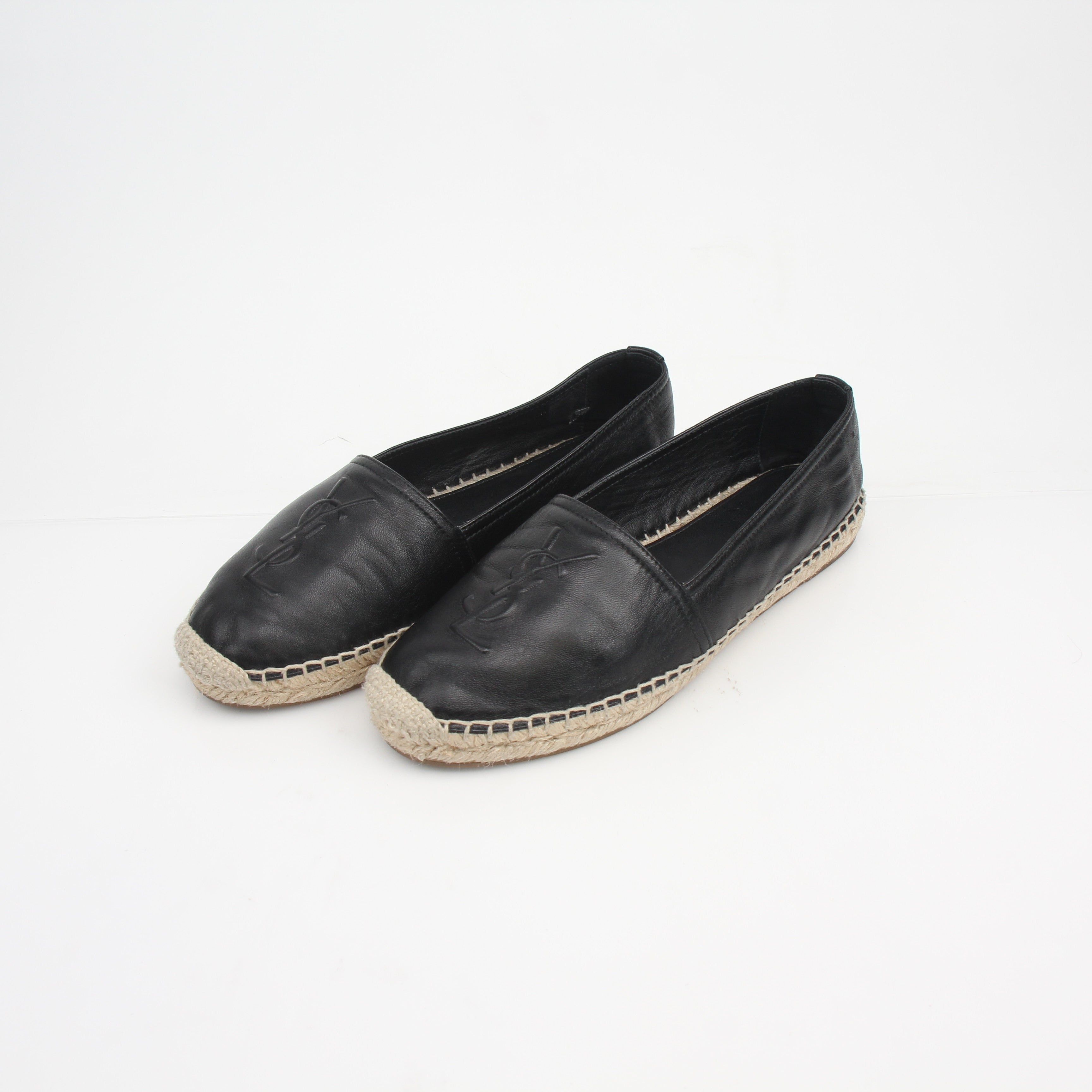 Saint Laurent YSL Logo Embossed Lambskin Espadrille Flats