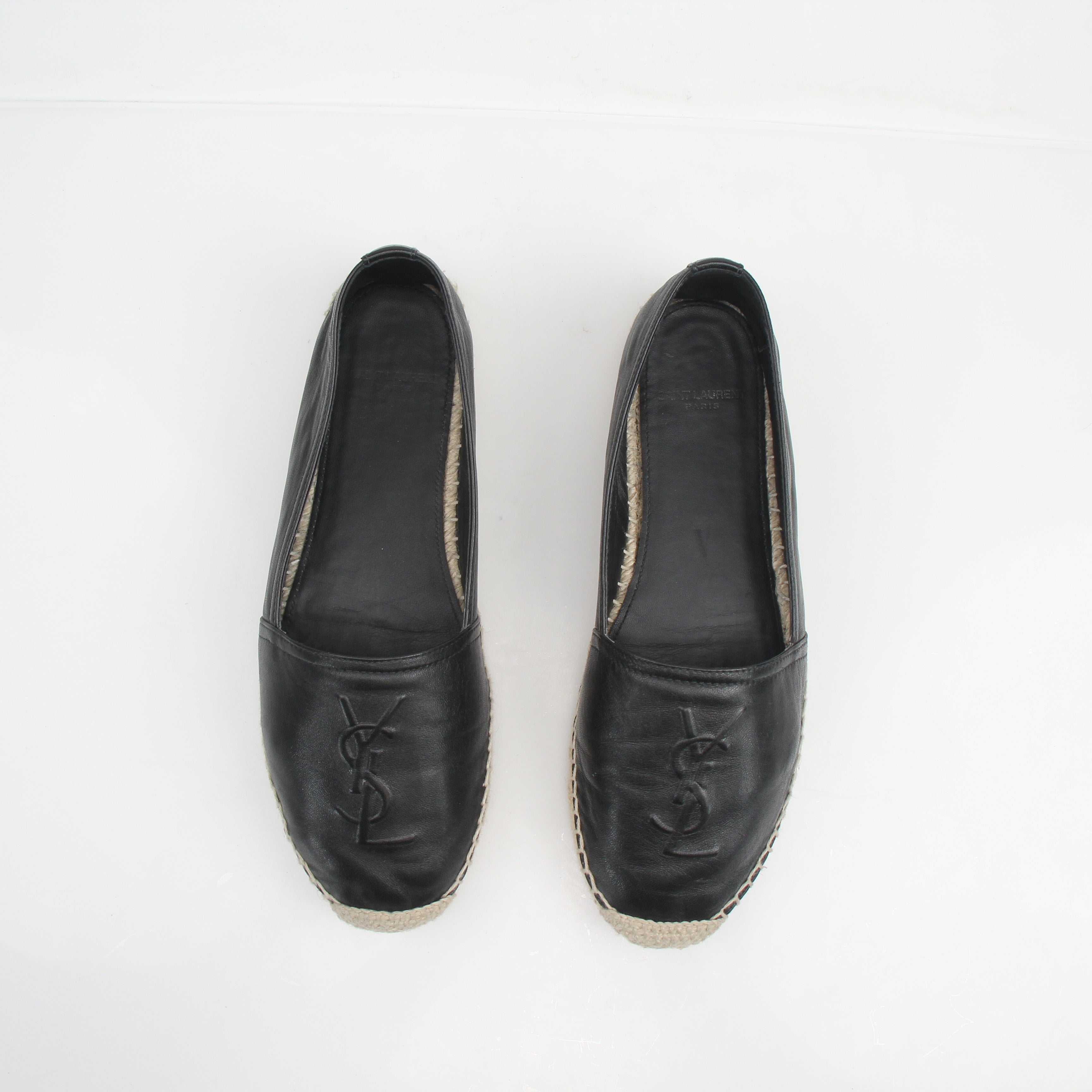 Saint Laurent YSL Logo Embossed Lambskin Espadrille Flats