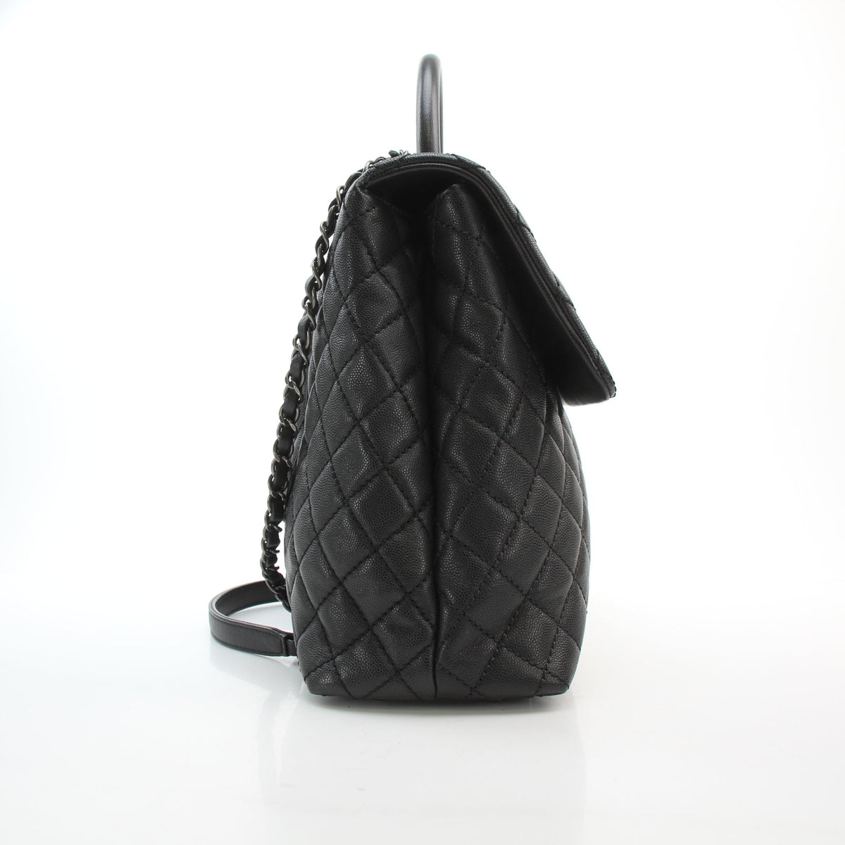 Chanel black caviar leather large Coco Handle flap handbag with structured top handle and chain strap